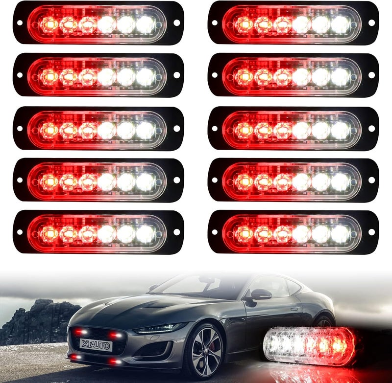 XTAUTO 10pcs LED Emergency Strobe Light, Red White 6-LED Ultra Slim Surface Mount Flashing Warning Beacon Hazard Construction Caution Grille Light Bar for Truck Car Off Road Vehicles - Image 1